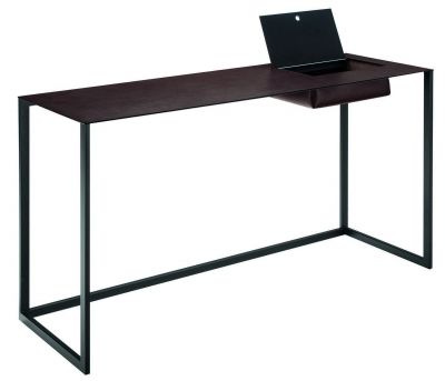 Calamo Schreibtisch von Zanotta: Moderner Design Schreibtisch mit brauner Tischplatte und integrierter Aufbewahrungsbox.